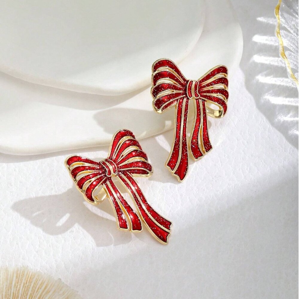 Handmade Red Large Statement Bow Earrings In Red Sparkle, NWT
